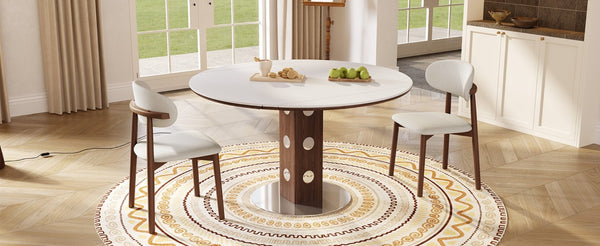 English Elm 47.2 Inch Extendable Round Dining Table Sintered Stone Top Walnut Base Seats Six W6013S00009