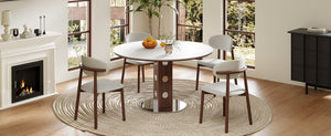 English Elm 47.2 Inch Extendable Round Dining Table Sintered Stone Top Walnut Base Seats Six W6013S00009