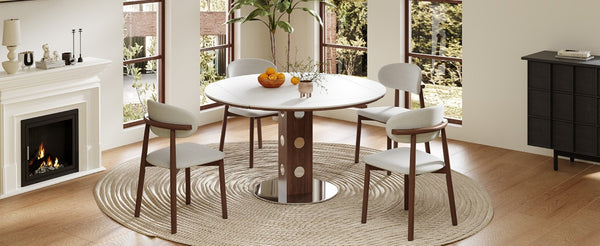 English Elm 47.2 Inch Extendable Round Dining Table Sintered Stone Top Walnut Base Seats Six W6013S00009