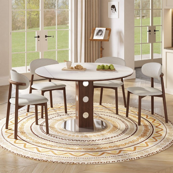 English Elm 47.2 Inch Extendable Round Dining Table Sintered Stone Top Walnut Base Seats Six W6013S00009