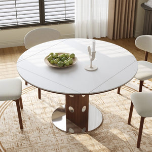 English Elm 47.2 Inch Extendable Round Dining Table Sintered Stone Top Walnut Base Seats Six W6013S00009