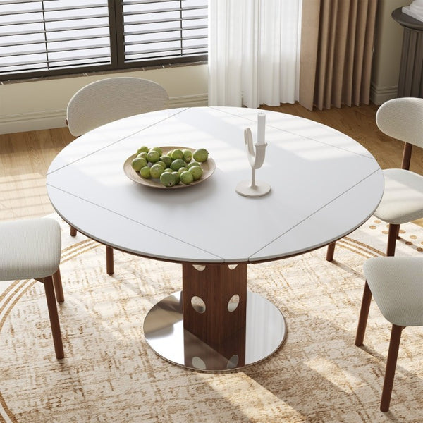 English Elm 47.2 Inch Extendable Round Dining Table Sintered Stone Top Walnut Base Seats Six W6013S00009