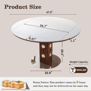 English Elm 47.2 Inch Extendable Round Dining Table Sintered Stone Top Walnut Base Seats Six W6013S00009