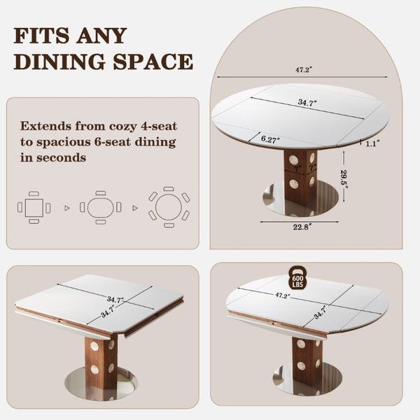 English Elm 47.2 Inch Extendable Round Dining Table Sintered Stone Top Walnut Base Seats Six W6013S00009