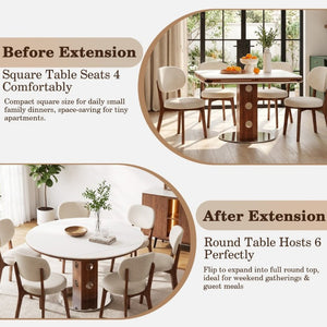 English Elm 47.2 Inch Extendable Round Dining Table Sintered Stone Top Walnut Base Seats Six W6013S00009