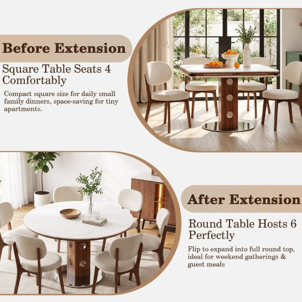 English Elm 47.2 Inch Extendable Round Dining Table Sintered Stone Top Walnut Base Seats Six W6013S00009