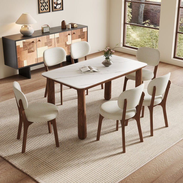 English Elm 63 Inch Sintered Stone Top Rectangular Dining Table Walnut Wood Frame Seats Six W6013S00011