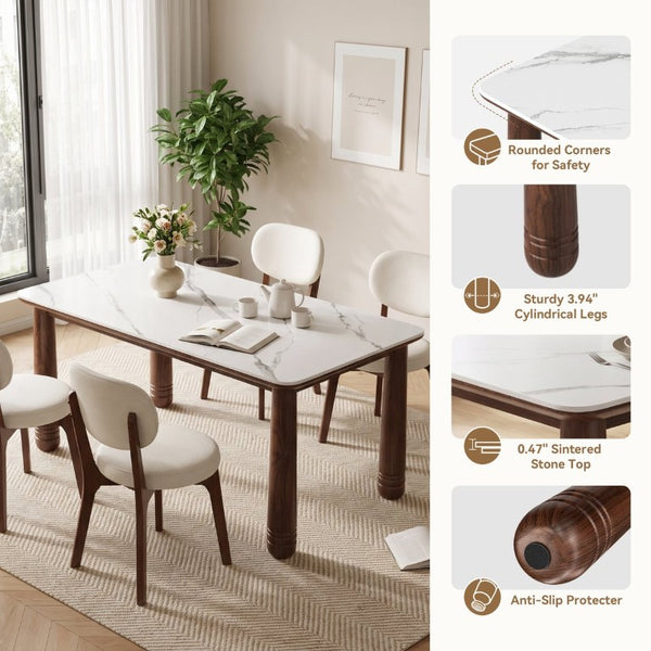 English Elm 63 Inch Sintered Stone Top Rectangular Dining Table Walnut Wood Frame Seats Six W6013S00011