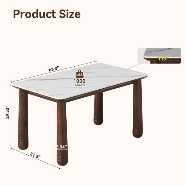 English Elm 63 Inch Sintered Stone Top Rectangular Dining Table Walnut Wood Frame Seats Six W6013S00011