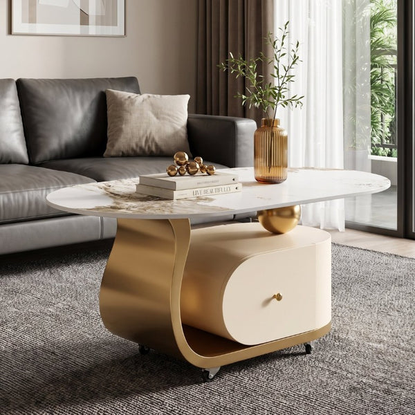 English Elm 39.4 Inch Oval Sintered Stone Coffee Table Stainless Base Drawer Lockable Wheels W6013S00012