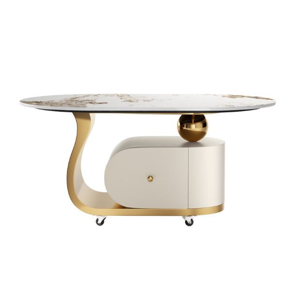 English Elm 39.4 Inch Oval Sintered Stone Coffee Table Stainless Base Drawer Lockable Wheels W6013S00012