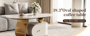 English Elm 39.4 Inch Oval Sintered Stone Coffee Table Stainless Base Drawer Lockable Wheels W6013S00012