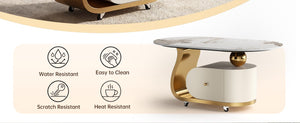English Elm 39.4 Inch Oval Sintered Stone Coffee Table Stainless Base Drawer Lockable Wheels W6013S00012