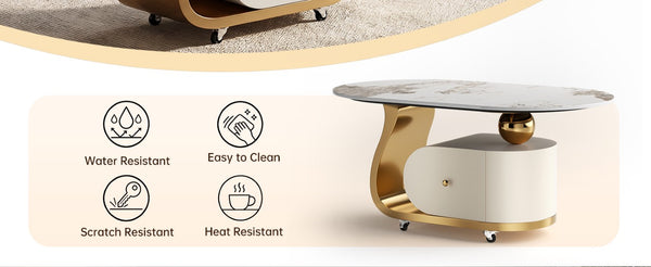 English Elm 39.4 Inch Oval Sintered Stone Coffee Table Stainless Base Drawer Lockable Wheels W6013S00012