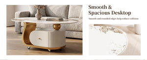 English Elm 39.4 Inch Oval Sintered Stone Coffee Table Stainless Base Drawer Lockable Wheels W6013S00012