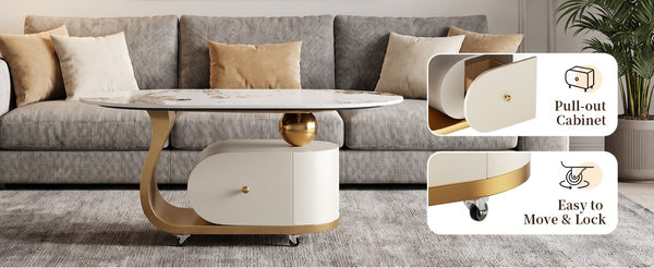 English Elm 39.4 Inch Oval Sintered Stone Coffee Table Stainless Base Drawer Lockable Wheels W6013S00012