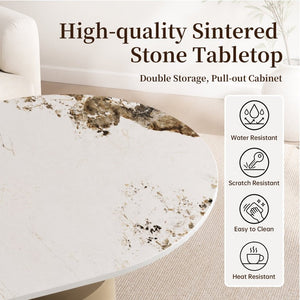 English Elm 39.4 Inch Oval Sintered Stone Coffee Table Stainless Base Drawer Lockable Wheels W6013S00012