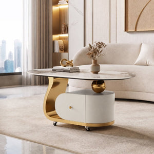 English Elm 39.4 Inch Oval Sintered Stone Coffee Table Stainless Base Drawer Lockable Wheels W6013S00012