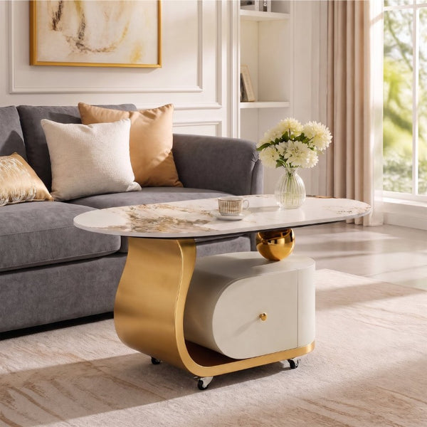English Elm 39.4 Inch Oval Sintered Stone Coffee Table Stainless Base Drawer Lockable Wheels W6013S00012