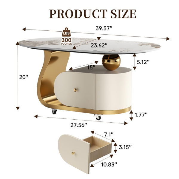 English Elm 39.4 Inch Oval Sintered Stone Coffee Table Stainless Base Drawer Lockable Wheels W6013S00012
