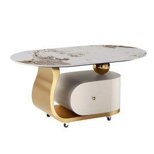 English Elm 39.4 Inch Oval Sintered Stone Coffee Table Stainless Base Drawer Lockable Wheels W6013S00012