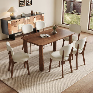 English Elm 63 Inch Solid Wood Farmhouse Dining Set Seven Piece Walnut Finish Chenille Upholstered Chairs W6013S00015