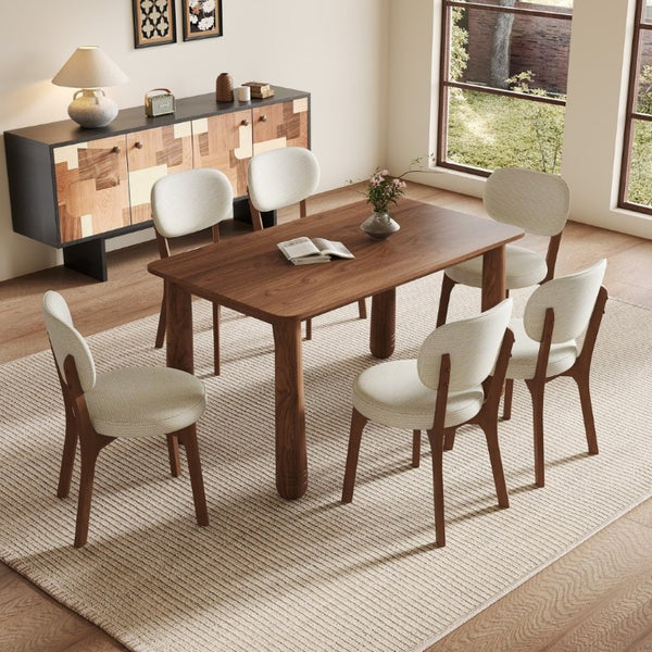 English Elm 63 Inch Solid Wood Farmhouse Dining Set Seven Piece Walnut Finish Chenille Upholstered Chairs W6013S00015