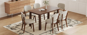 English Elm 63 Inch Solid Wood Farmhouse Dining Set Seven Piece Walnut Finish Chenille Upholstered Chairs W6013S00015