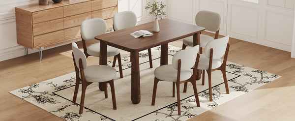 English Elm 63 Inch Solid Wood Farmhouse Dining Set Seven Piece Walnut Finish Chenille Upholstered Chairs W6013S00015