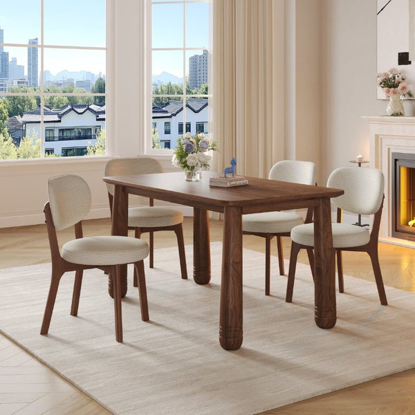 English Elm 63 Inch Solid Wood Farmhouse Dining Set Seven Piece Walnut Finish Chenille Upholstered Chairs W6013S00015