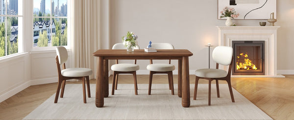 English Elm 63 Inch Solid Wood Farmhouse Dining Set Seven Piece Walnut Finish Chenille Upholstered Chairs W6013S00015