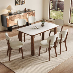 English Elm 63 Inch Sintered Stone Farmhouse Dining Set with Walnut Legs and Six Chenille Chairs W6013S00017