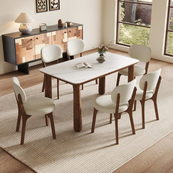 English Elm 63 Inch Sintered Stone Farmhouse Dining Set with Walnut Legs and Six Chenille Chairs W6013S00017