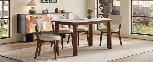 English Elm 63 Inch Sintered Stone Farmhouse Dining Set with Walnut Legs and Six Chenille Chairs W6013S00017