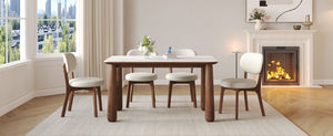 English Elm 63 Inch Sintered Stone Farmhouse Dining Set with Walnut Legs and Six Chenille Chairs W6013S00017