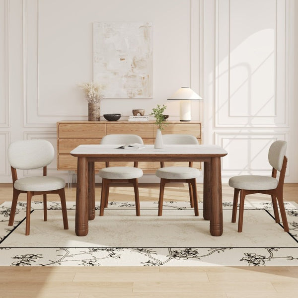 English Elm 63 Inch Sintered Stone Farmhouse Dining Set with Walnut Legs and Six Chenille Chairs W6013S00017