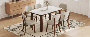 English Elm 63 Inch Sintered Stone Farmhouse Dining Set with Walnut Legs and Six Chenille Chairs W6013S00017