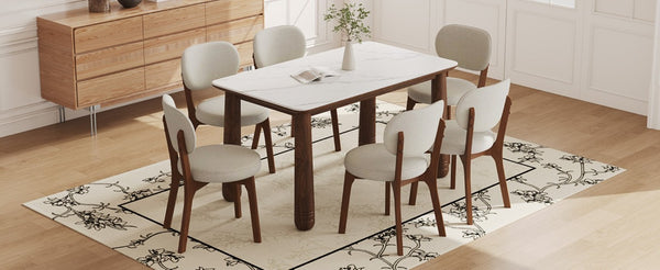 English Elm 63 Inch Sintered Stone Farmhouse Dining Set with Walnut Legs and Six Chenille Chairs W6013S00017