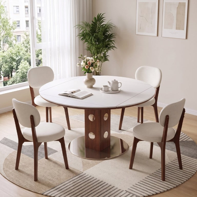English Elm 47.2 Sintered Stone Drop Leaf Dining Set Five Piece Farmhouse Walnut Base Chenille Chairs W6013S00018