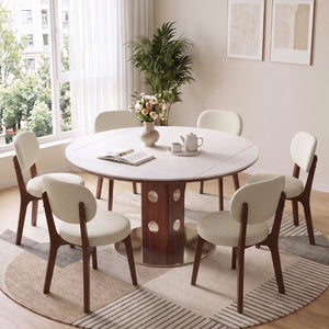 English Elm 51.2 Solid Wood Drop Leaf Oval Farmhouse Dining Set with Chenille Upholstered Chairs 47.2 inches Beige, White+Walnut W6013S00019