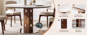 English Elm 51.2 Solid Wood Drop Leaf Oval Farmhouse Dining Set with Chenille Upholstered Chairs 47.2 inches Beige, White+Walnut W6013S00019