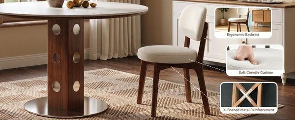English Elm 51.2 Solid Wood Drop Leaf Oval Farmhouse Dining Set with Chenille Upholstered Chairs 47.2 inches Beige, White+Walnut W6013S00019