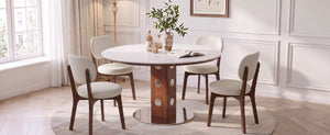 English Elm 51.2 Solid Wood Drop Leaf Oval Farmhouse Dining Set with Chenille Upholstered Chairs 47.2 inches Beige, White+Walnut W6013S00019