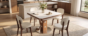 English Elm 51.2 Solid Wood Drop Leaf Oval Farmhouse Dining Set with Chenille Upholstered Chairs 47.2 inches Beige, White+Walnut W6013S00019