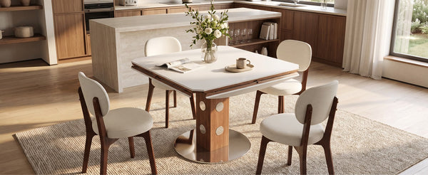 English Elm 51.2 Solid Wood Drop Leaf Oval Farmhouse Dining Set with Chenille Upholstered Chairs 47.2 inches Beige, White+Walnut W6013S00019