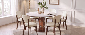 English Elm 51.2 Solid Wood Drop Leaf Oval Farmhouse Dining Set with Chenille Upholstered Chairs 47.2 inches Beige, White+Walnut W6013S00019