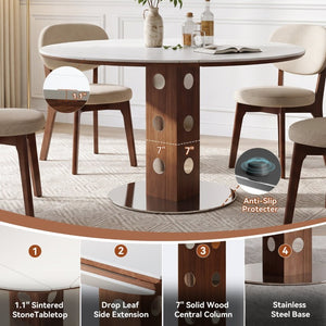 English Elm 51.2 Solid Wood Drop Leaf Oval Farmhouse Dining Set with Chenille Upholstered Chairs 47.2 inches Beige, White+Walnut W6013S00019