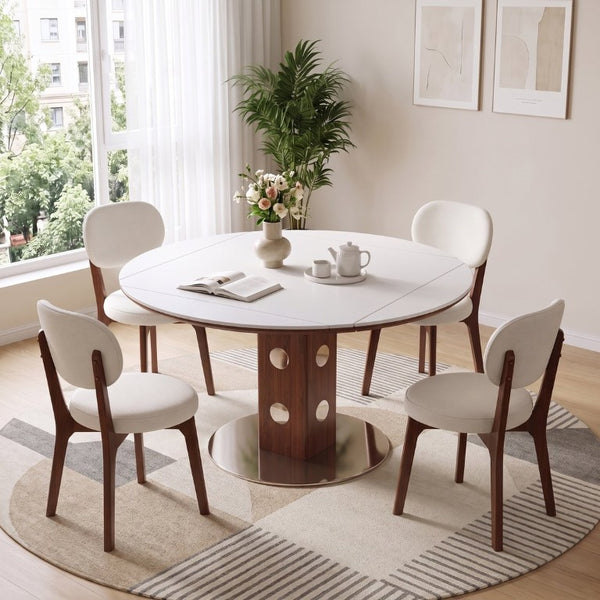 English Elm 51.2 Solid Wood Drop Leaf Oval Farmhouse Dining Set with Chenille Upholstered Chairs 47.2 inches Beige, White+Walnut W6013S00019