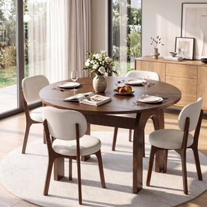 English Elm 51.2 Solid Wood Drop Leaf Oval Farmhouse Dining Set with Chenille Upholstered Chairs 51.2 inches Beige, Walnut W6013S00020