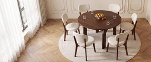 English Elm 51.2 Solid Wood Drop Leaf Oval Farmhouse Dining Set with Chenille Upholstered Chairs 51.2 inches Beige, Walnut W6013S00020